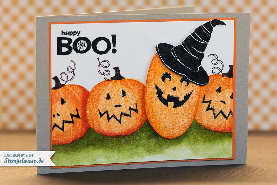Halloweenkarte - Happy Boo - Kürbiskopf 1