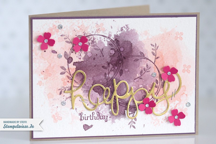 Stampin’ Up! - Birthday Card - Water Color - Geburtstagskarte - Aquarell - Gold ❤ Stempelwiese Kirschblüte-pflaumenblau-150330