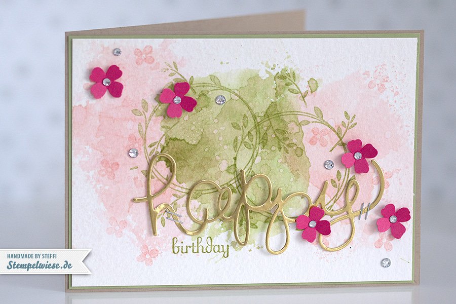 Stampin’ Up! - Birthday Card - Water Color - Geburtstagskarte - Aquarell - Gold ❤ Stempelwiese kirschblüte-farngruen-150330