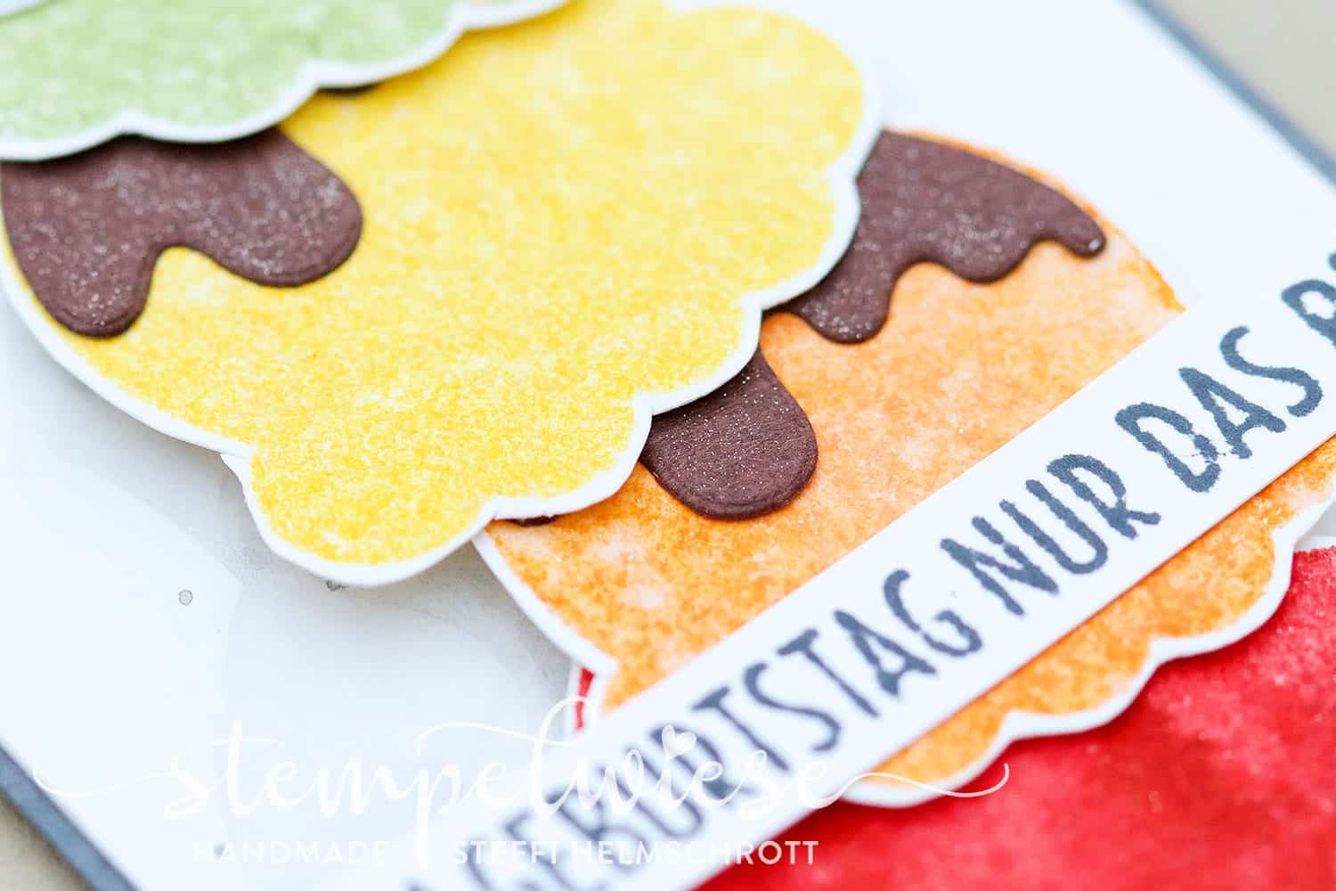 Geburtstagskarte mit bunten Eiskugeln - Ei, Eis, Baby! - Regenbogen - Stampin’ Up! - Stempelwiese