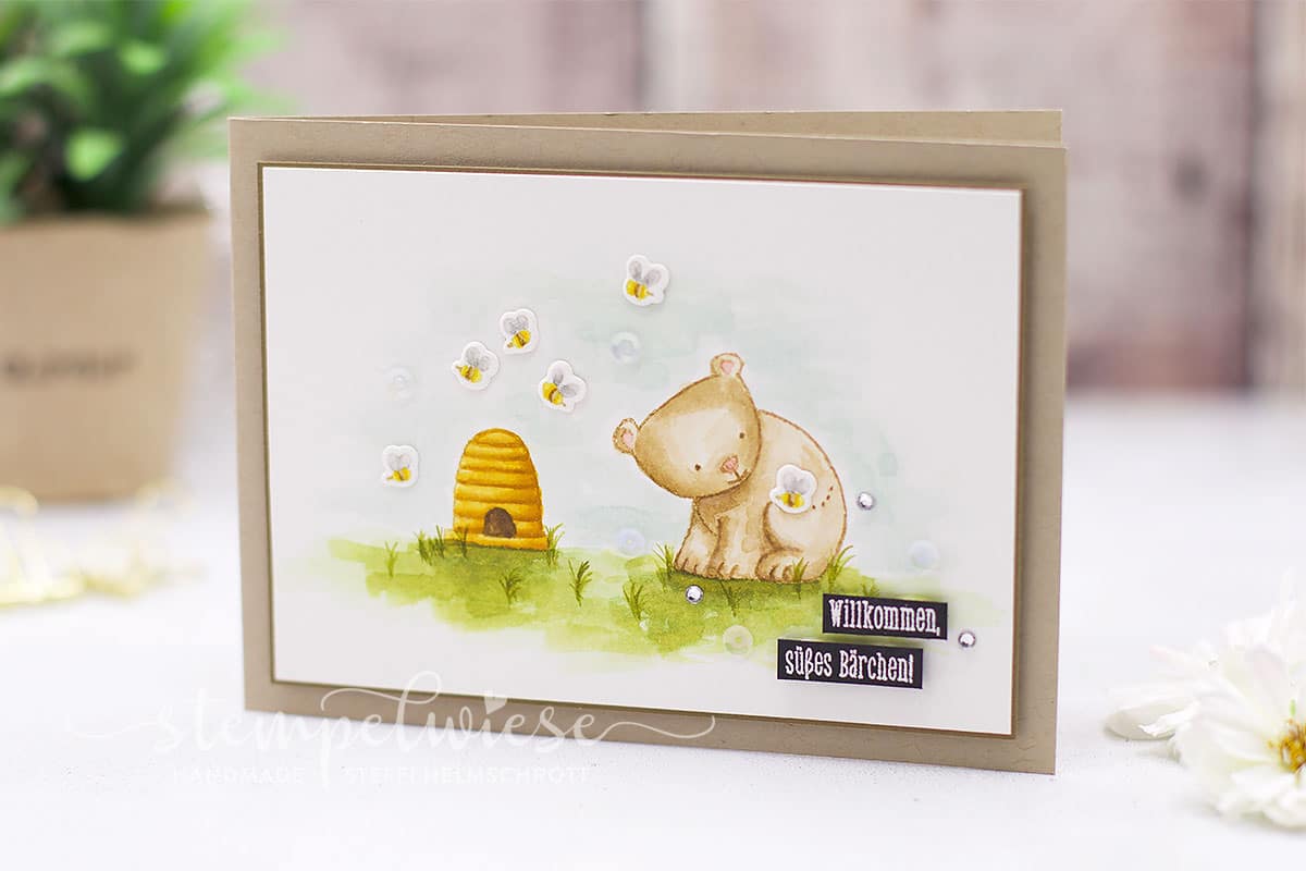 Babykarte mit Bär und Bienen - Aquarell - Tierische Glückwünsche - Stempelwiese