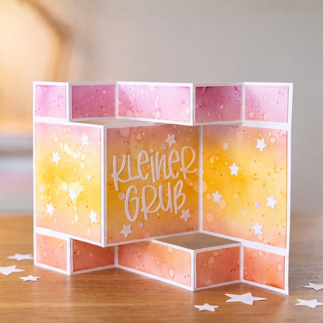Fun-Fold-Karte basteln: aufgestellte Karte mit Farbverlauf und Spruch Kleiner Gruss